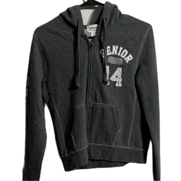 Gray Zip Up Sweater with Text Design - Picture 1 of 5